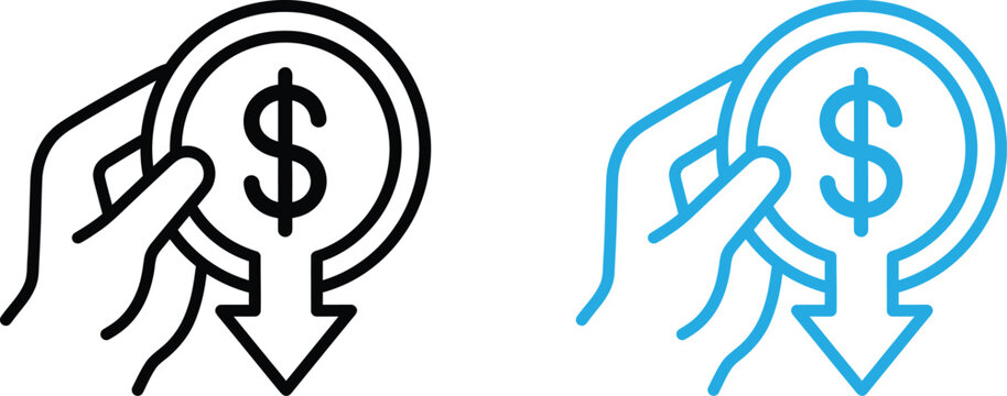 Hand holding a coin with a dollar sign and a downward arrow icon representing financial loss