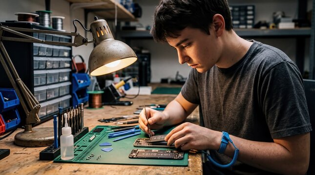 tech repair enthusiast, a diligent individual replaces a smartphone battery with tools neatly arranged nearby