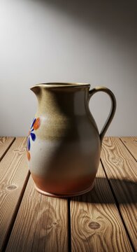 Detailed vintage stoneware pitcher displayed on rustic wooden planks, emphasizing the successful acquisition of rare and highly desirable antique inventory, collectible, valuable, style
