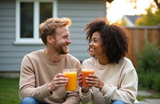 Smiling couple shares fresh juices outdoors on lawn near modern house. People enjoy healthy drinks in casual clothes at backyard garden. Summer day bright sun.