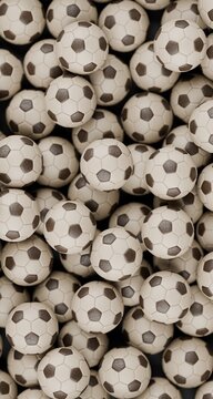 3d soccer footballs in a pile, world cup soccer balls