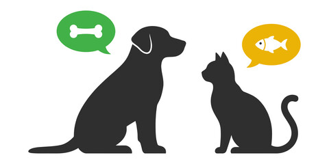 Silhouette of a dog and a cat with speech bubbles containing a bone and a fish isolated on transparent background