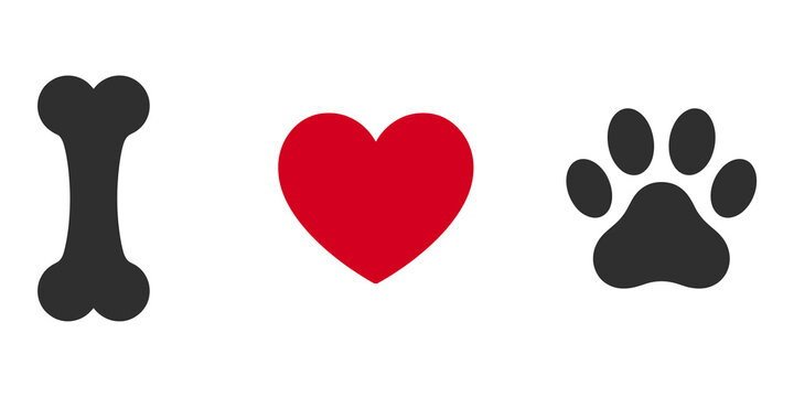 I love dogs concept, bone heart and paw print icon set isolated on transparent background