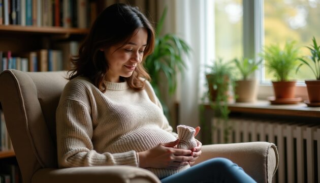 Pregnant woman sits in armchair holding baby bootie. Expectant mother dreams of future child, waits for new life. Home indoors, cozy atmosphere, natural light from window.