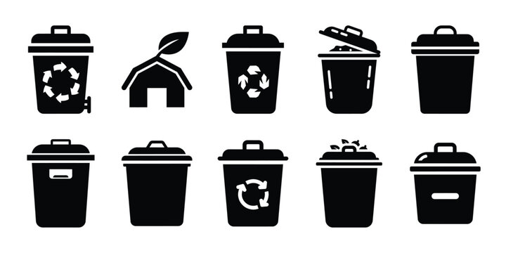 Black silhouette vector icon set of compost bin and agricultural graphic design.