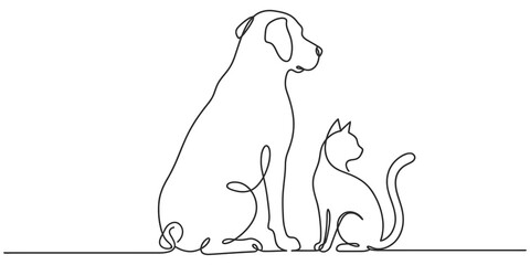 Continuous line drawing of a dog and a cat sitting together isolated on transparent background © Shan masih