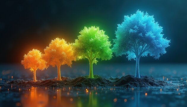 Four luminous trees show stages of development from small sapling to large tree. Colors shift from orange through green to blue symbolizing progress. Digital landscape.