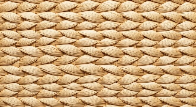 A detailed close-up shot emphasizing the intricate natural texture of light, tightly woven raffia or straw suitable for summer accessories or textiles, raffia, summer, handcraft