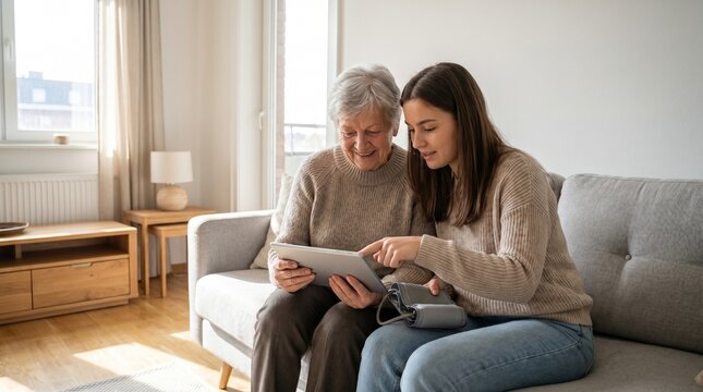 Intergenerational Connection: A young woman warmly engages with an elderly woman on a comfortable sofa, both engrossed in a digital tablet, symbolizing connection and shared moments.