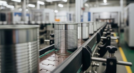 Naklejka premium Shiny tin cans on automated conveyor belt in modern manufacturing facility, efficiency and production line