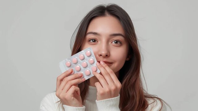 A young woman holds a blister pack of pills in her hand