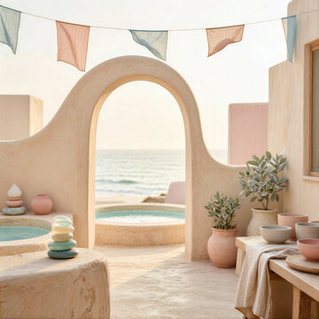 Serene seaside terrace featuring a plaster archway and a small plunge pool. This sun drenched courtyard, or patio, serves as a tranquil coastal retreat with potted greenery.
