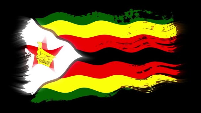 Waving torn Zimbabwe flag grunge brush burn light leaks, transparent background alpha channel loop full HD
