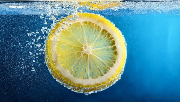 Lemon Piece Immersed In Sparkling Clear Blue Beverage
