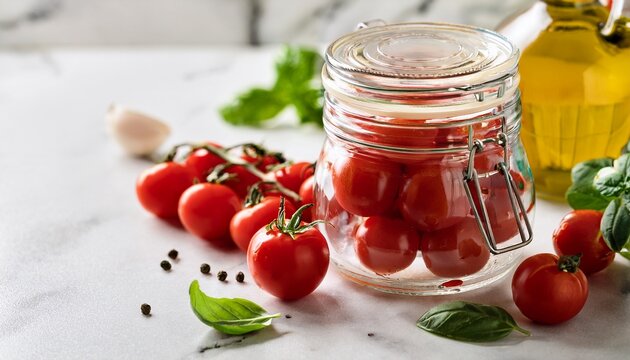 Fresh Cherry Tomatoes In Glass Jar With Basil And Olive Oil On Marble