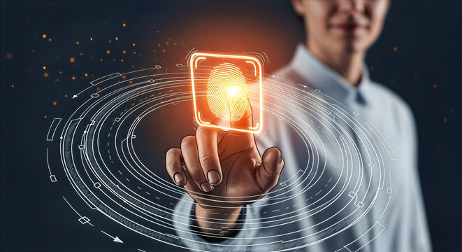 High tech biometric sensor activates as a person touches the glowing scanner, utilizing a digital thumbprint interface for secure identity verification and access control.