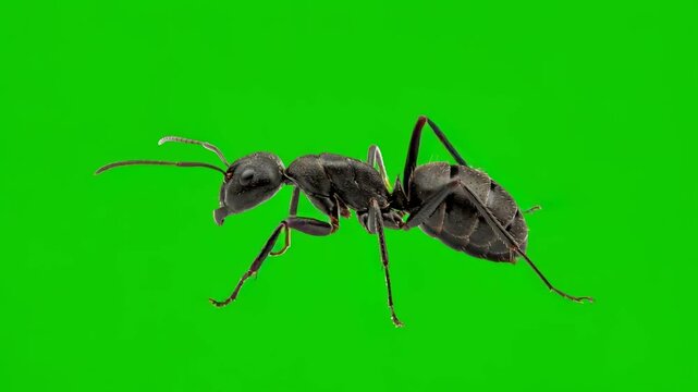 carpenter ant walking isolated on green background for vfx compositing video