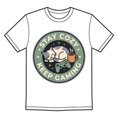 White t shirt with stay cozy keep gaming graphic featuring a cat and controller © MD AINUDDIN