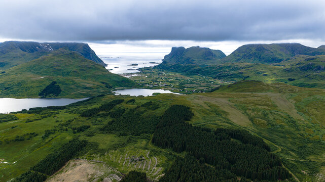 Dramatic Mountain Landscape with Fjord and Valley Settlement in Lofote