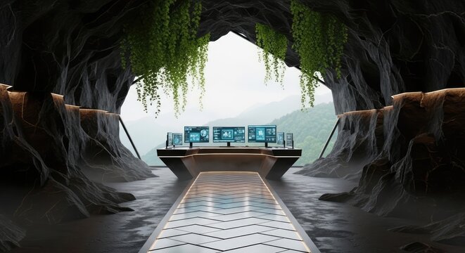 Futuristic computer workstation inside a lush mountain cave.