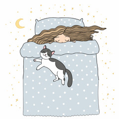 Fototapeta premium cat and girl are sleeping, animated cat and girl