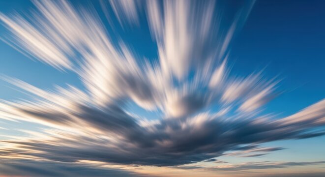Dynamic clouds streaking across a vast, blue sky during a long exposure time-lapse, showing the rapid flow of weather patterns, summer, dynamic, air