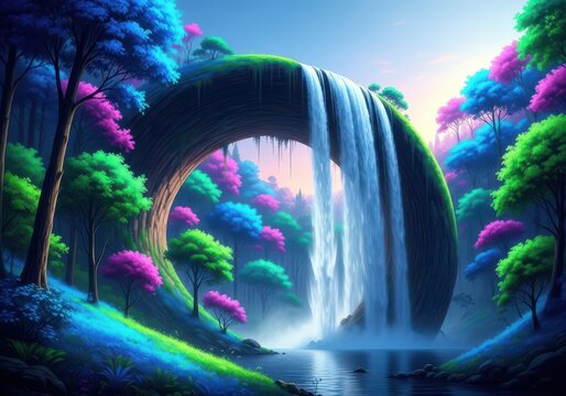 Impossible surreal forest scene where a massive waterfall spills down a bending cliff face in an unbelievable environment, nature, trees, wilderness
