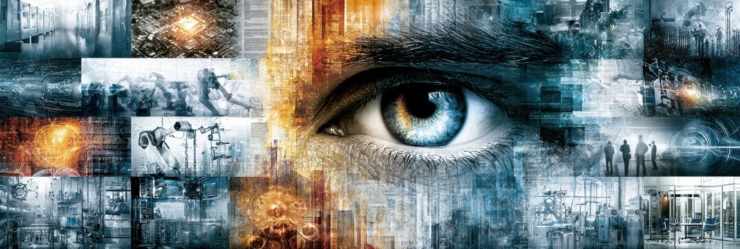 A human eye and a glowing digital eye contrast against various images of machine learning, robotics, and quantum computing