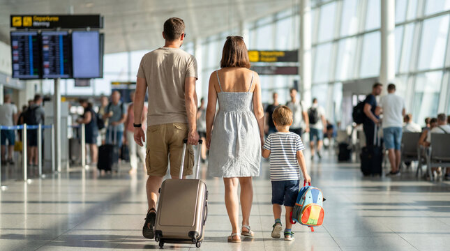 Happy Family with Child Walking with Luggage in Airport Terminal