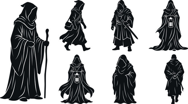 Set of Fantasy Hooded Characters, Mysterious Rogues, and Wizards in Silhouettes, Vector Illustration Elements