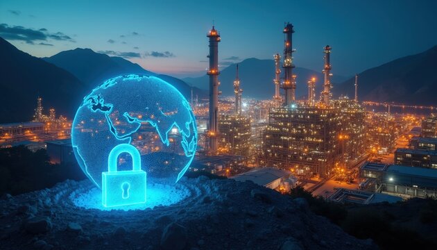 Digital globe with padlock symbol protects industrial oil refinery at night. Global energy infrastructure cybersecurity, OT network safety, secure oil and gas supply chain defense concept.