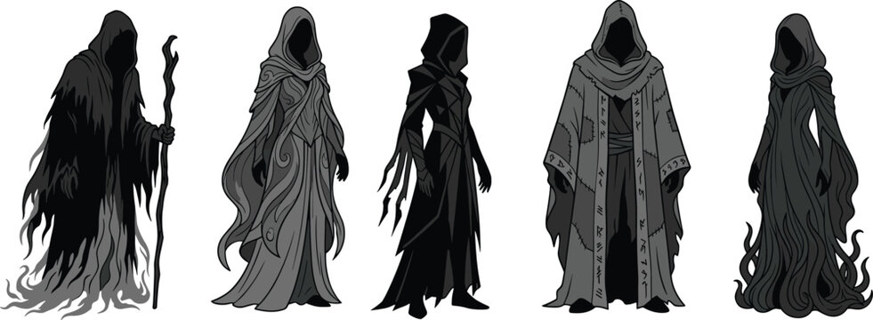 Set of Five Dark Fantasy Hooded Figures, Mystical Characters in Cloaks, Silhouette Concept Art,