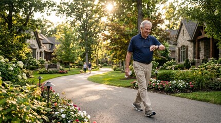Fototapeta premium An active senior man with a smartwatch walks along a tree-lined suburban path