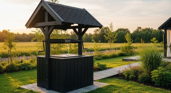 Vintage wooden water well with flowing water in a serene golden hour countryside garden, evoking tranquility and rural charm.