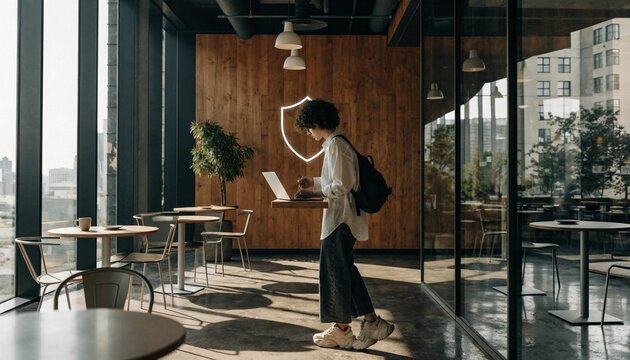 Modern freelancer in a trendy cafe standing next to a glowing blue shield icon representing cybersecurity, data protection, and digital privacy while working remotely in a cozy urban shop setting.