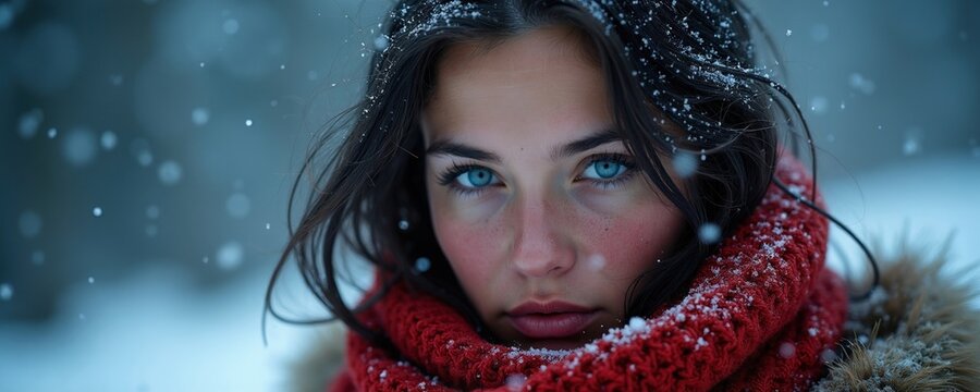 Brunette woman faces blizzard wearing bright red scarf. Snowflakes swirl around face in winter landscape. Calm expression contrasts harsh weather conditions. Portrait conveys resilience beauty