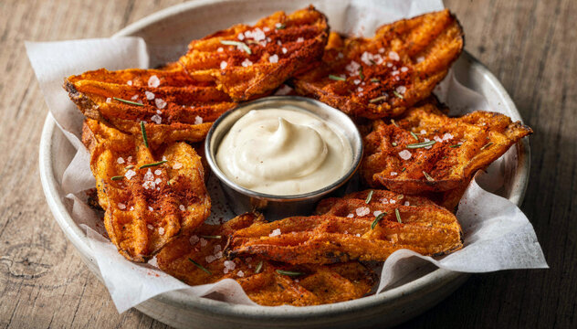 Crispy seasoned sweet potato wedges served with creamy dipping sauce and fresh rosemary
