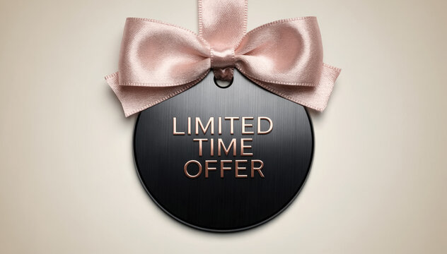 A luxury black limited time offer tag decorated with an elegant blush pink satin bow