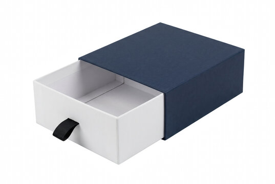 Premium navy blue and white sliding gift box with fabric pull tab