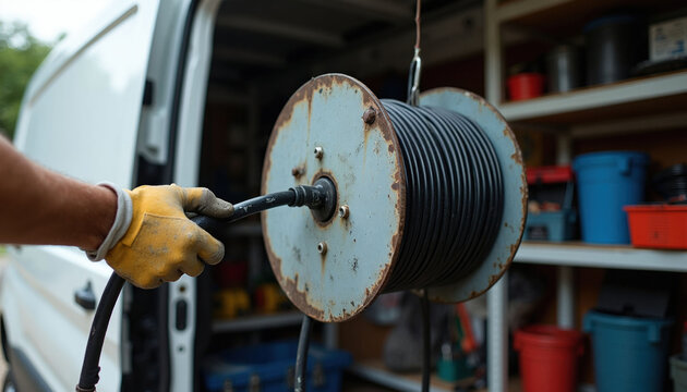 Worker in yellow glove pulls thick black cable from large metal spool on work van. Technician installs wire from reel onto shelves in background storage area. Outdoor industry job.