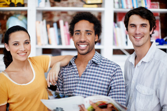 Creative, portrait or team in office with magazine, proofreading or printing check in media agency. Happy, people or copy editor with collaboration, manuscript insight or layout review in publication