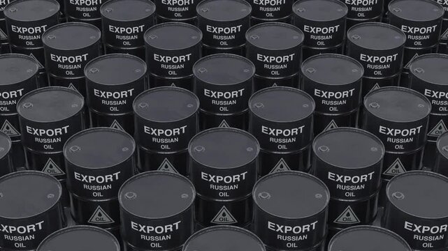 Rows of Russian oil export barrels symbolize global energy trade and geopolitical markets. Ideal for news and finance content. Seamless loop animation, part of series. 4k, Ultra HD 3840x2160