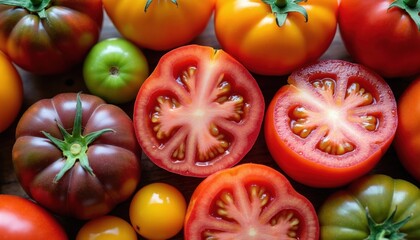 Fototapeta premium Various ripe tomatoes red yellow green. Some whole some halved showing seeds inside. Natural food background for cooking or salads. Fresh picked vegetables for healthy eating.