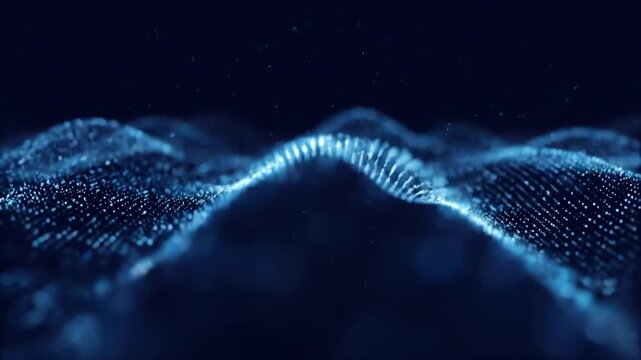 Abstract flowing wave-like pattern of blue points and lines on a dark blue field