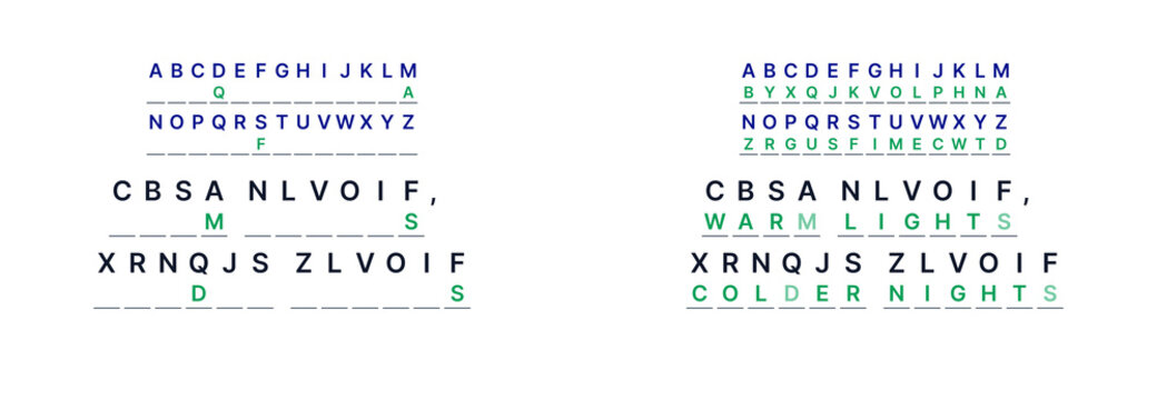 Christmas cryptogram with substitution letter, coded phrase "Warm lights, colder nights", with 3 open letters
