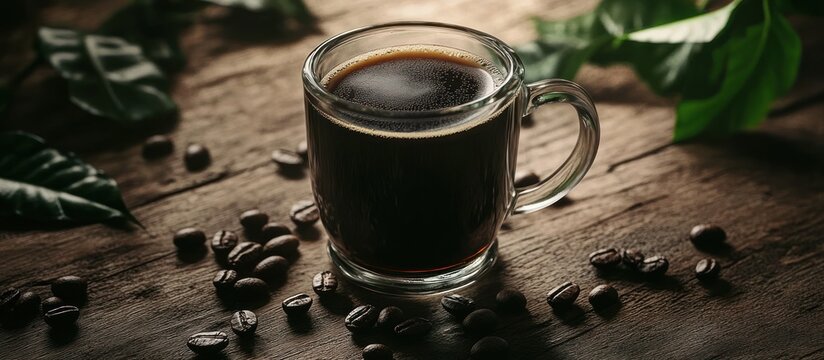 Close-up of fresh black coffee in clear glass mug with roasted coffee beans and green leaves on textured wooden table