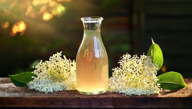 Homemade Elderflower Cordial On A Rustic Wooden Table