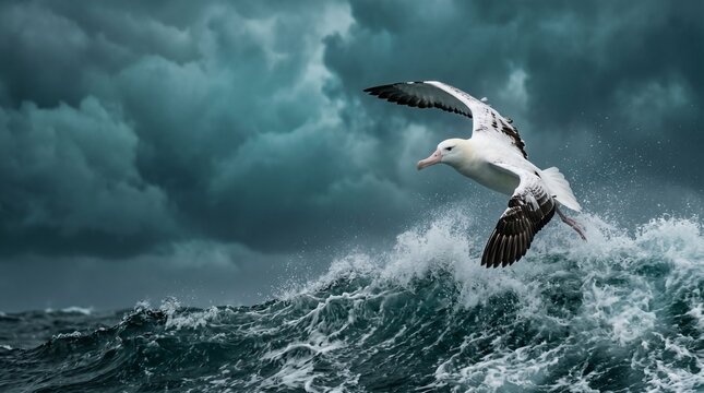 Albatross banking over ocean wave