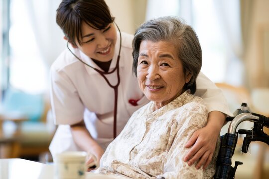 Japanese Healthcare Worker Assisting Senior Patient