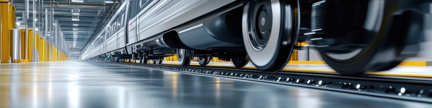Modern train wheels on tracks in an industrial subway station with a reflective floor and motion blur, low angle.